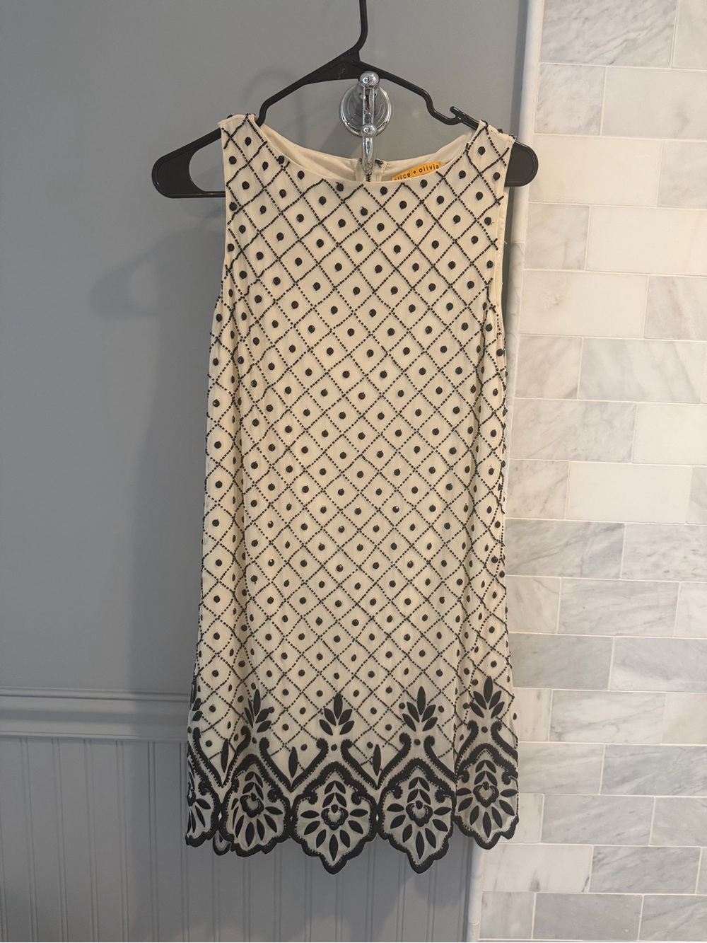 Alice + Olivia Cream and Black Sleeveless Embroidered Mini Dress